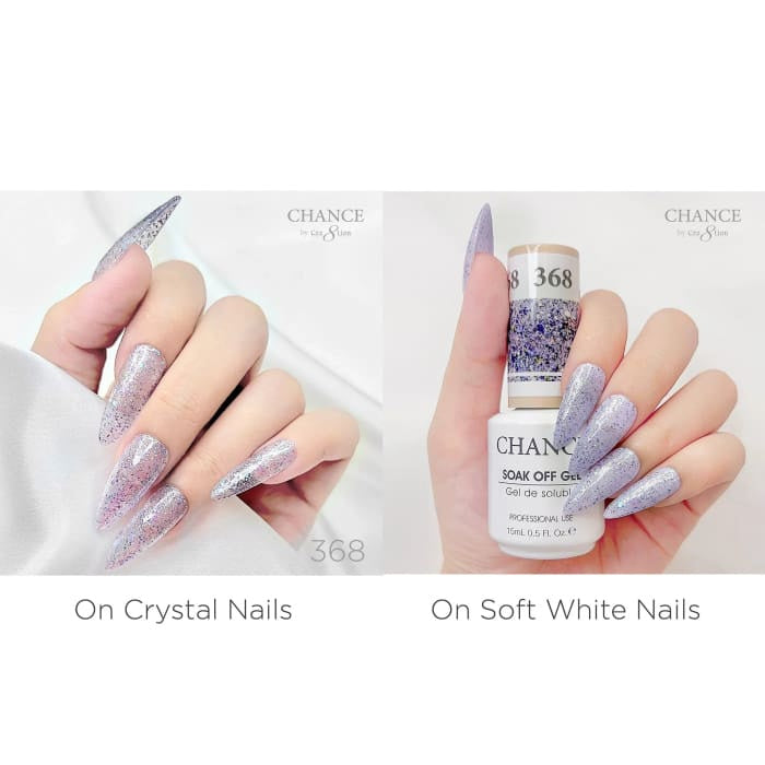 Chance Diamond Dust 368 gel polish swatched over crystal nails and soft white nails