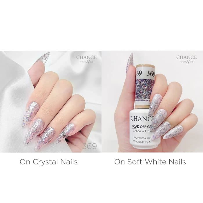 Chance Diamond Dust 369 gel polish swatched over crystal nails and soft white nails