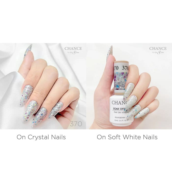Chance Diamond Dust 370 gel polish swatched over crystal nails and soft white nails