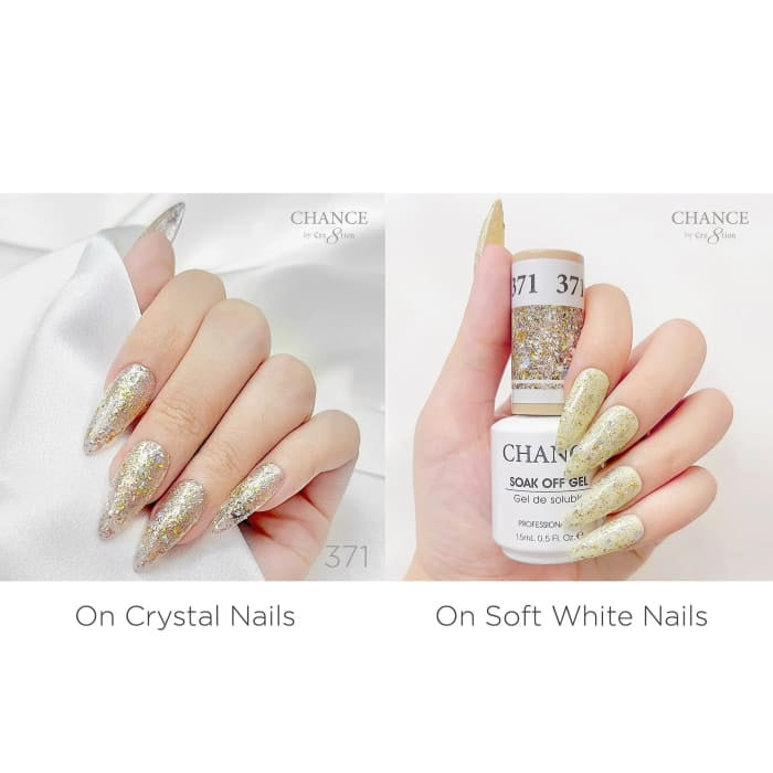 Chance Diamond Dust 371 gel polish swatched over crystal nails and soft white nails