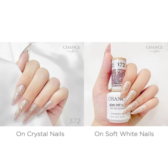 Chance Diamond Dust 372 gel polish swatched over crystal nails and soft white nails