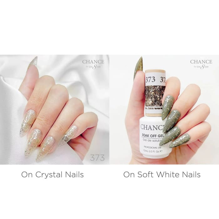Chance Diamond Dust 373 gel polish swatched over crystal nails and soft white nails