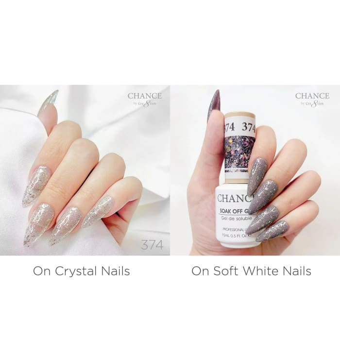 Chance Diamond Dust 374 gel polish swatched over crystal nails and soft white nails