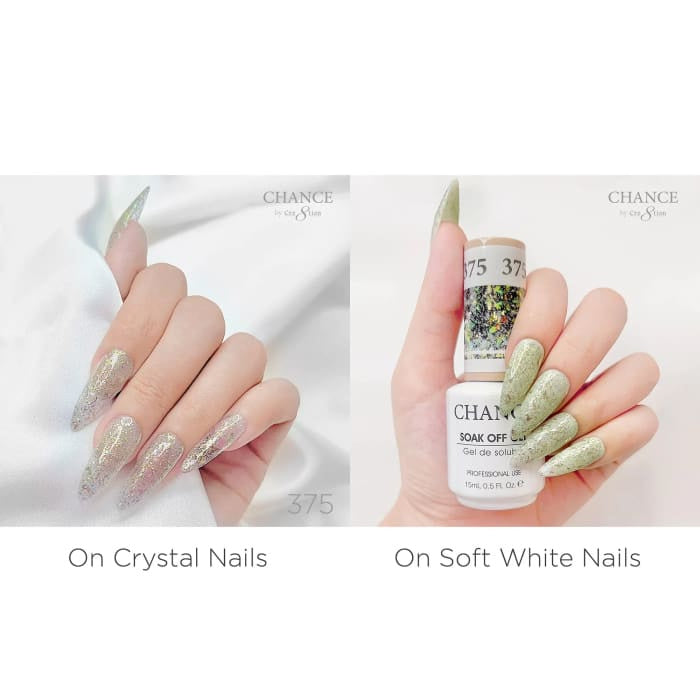 Chance Diamond Dust 375 gel polish swatched over crystal nails and soft white nails
