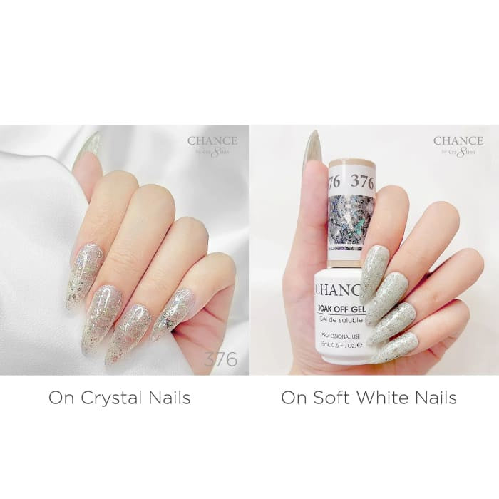 Chance Diamond Dust 376 gel polish swatched over crystal nails and soft white nails