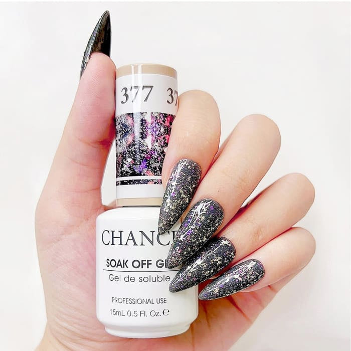 Chance Diamond Dust 377 soak-off gel polish 0.5 oz, bottle held in hand with painted nails