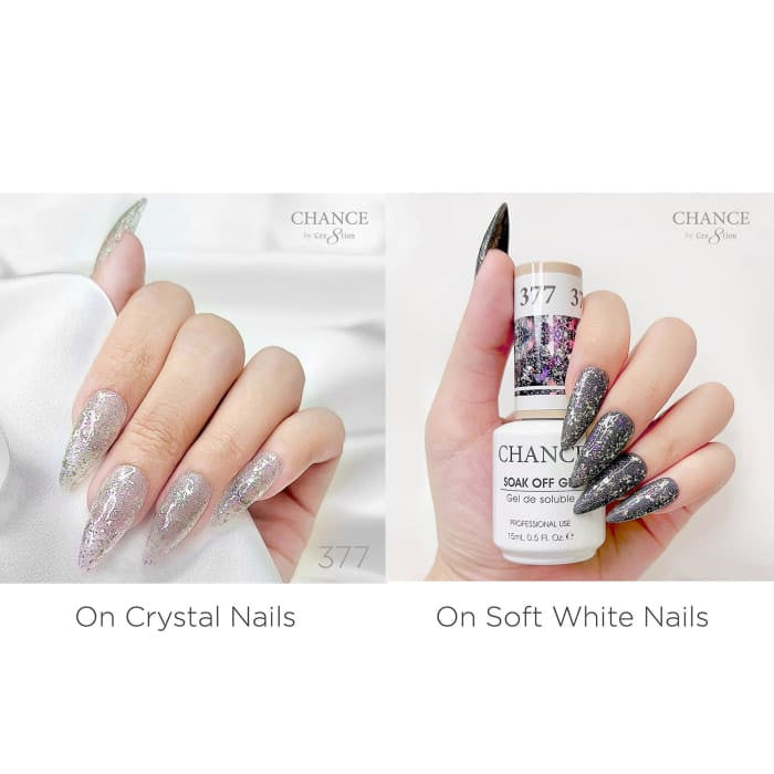 Chance Diamond Dust 377 gel polish swatched over crystal nails and soft white nails