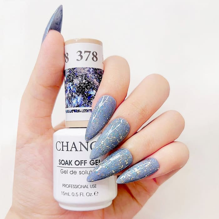 Chance Diamond Dust 378 soak-off gel polish 0.5 oz, bottle held in hand with painted nails