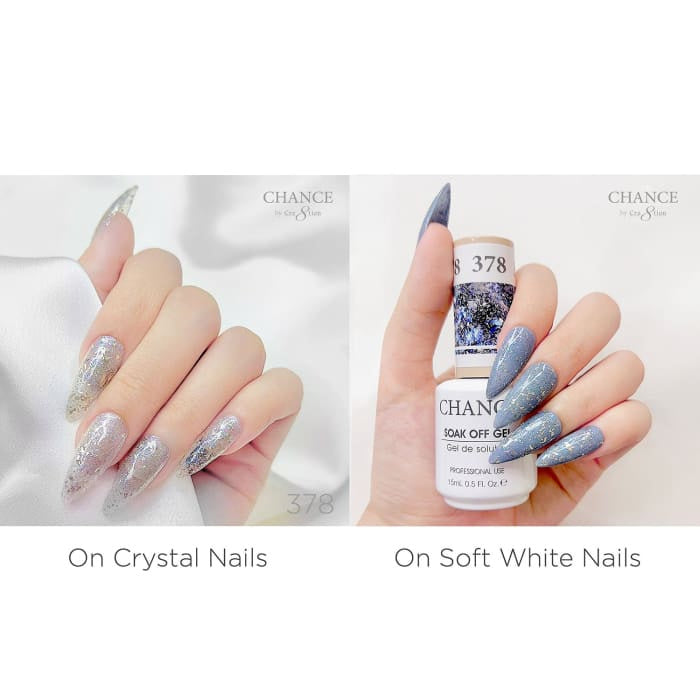 Chance Diamond Dust 378 gel polish swatched over crystal nails and soft white nails