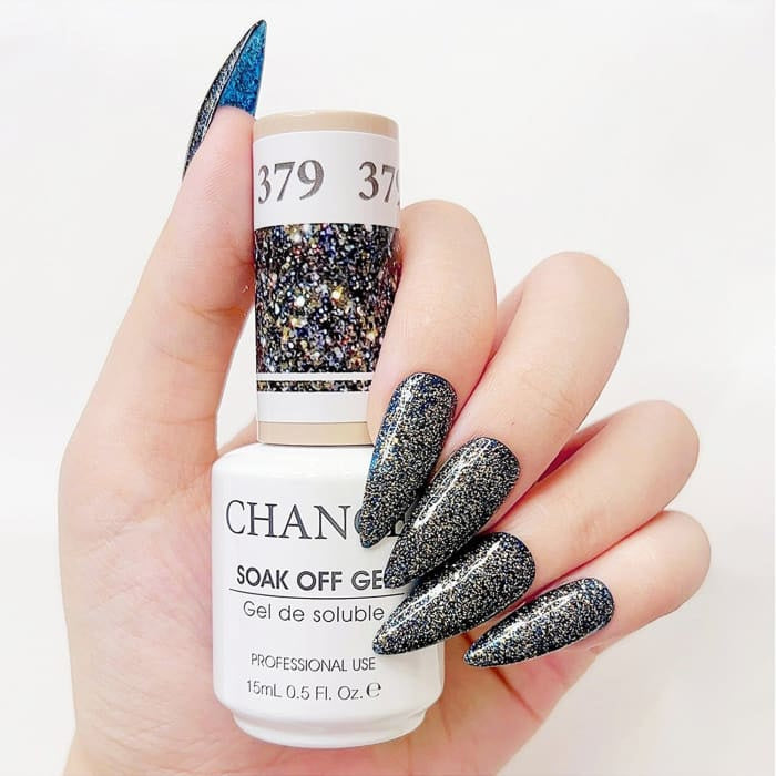 Chance Diamond Dust 379 soak-off gel polish 0.5 oz, bottle held in hand with painted nails