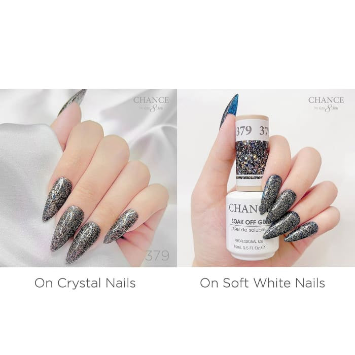 Chance Diamond Dust 379 gel polish swatched over crystal nails and soft white nails
