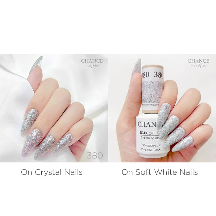 Chance Diamond Dust 380 gel polish swatched over crystal nails and soft white nails