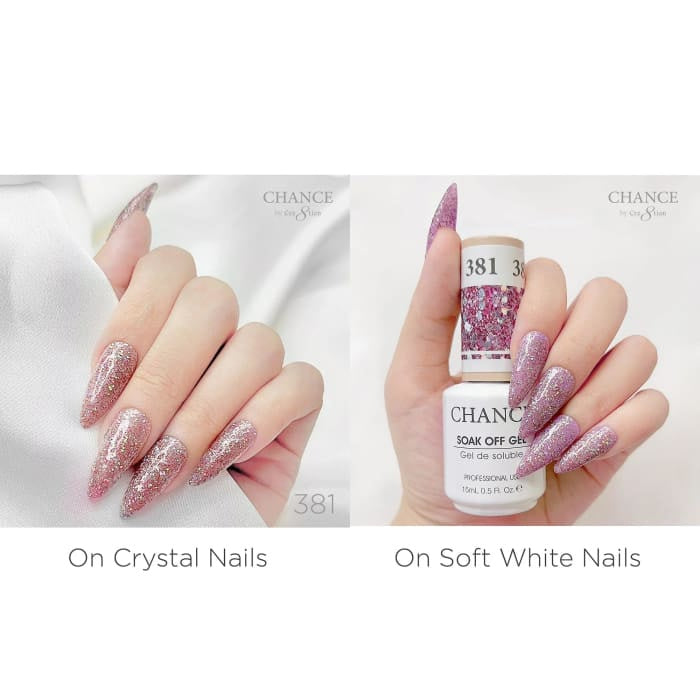 Chance Diamond Dust 381 gel polish swatched over crystal nails and soft white nails