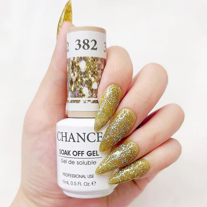 Chance Diamond Dust 382 soak-off gel polish 0.5 oz, bottle held in hand with painted nails