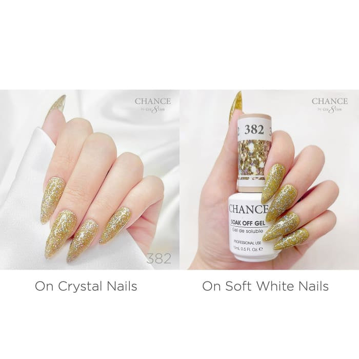Chance Diamond Dust 382 gel polish swatched over crystal nails and soft white nails