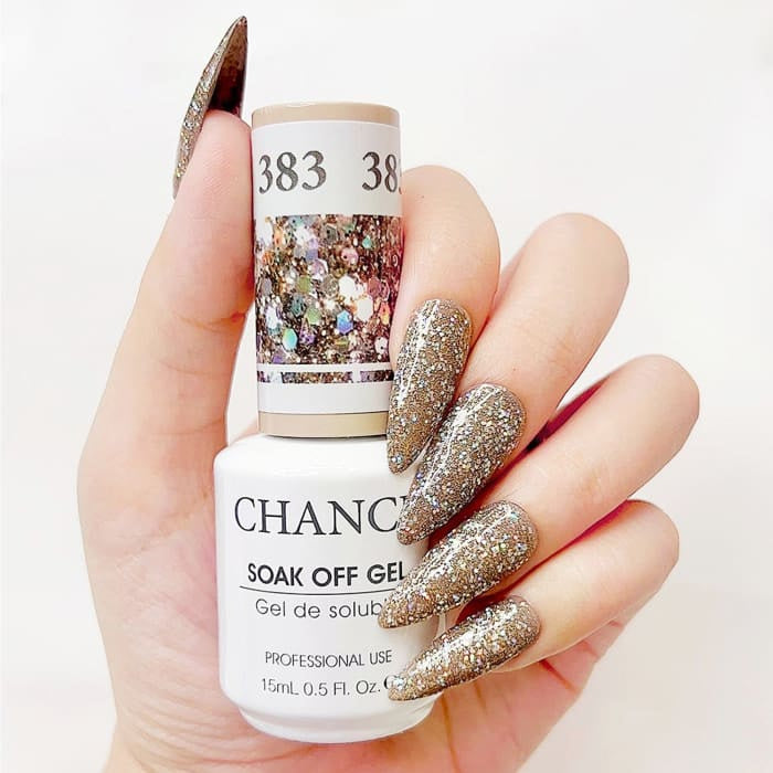 Chance Diamond Dust 383 soak-off gel polish 0.5 oz, bottle held in hand with painted nails