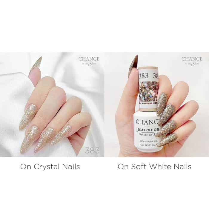 Chance Diamond Dust 383 gel polish swatched over crystal nails and soft white nails