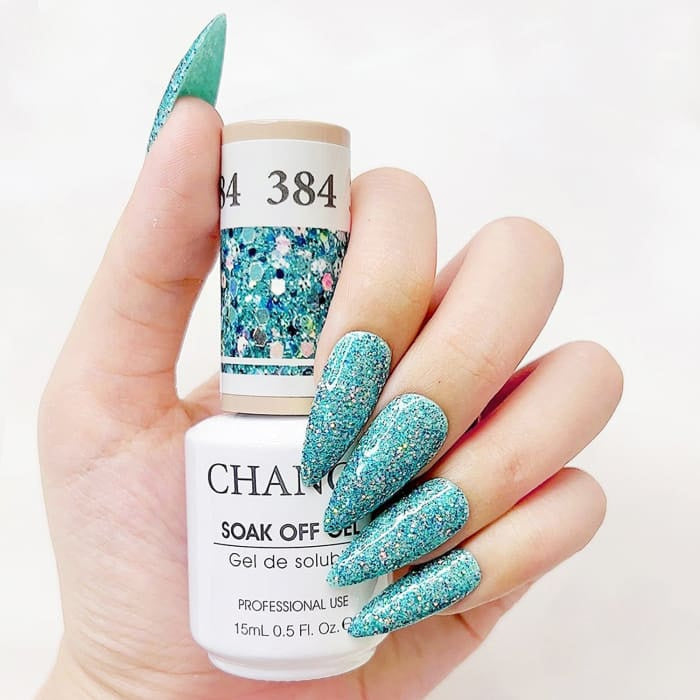Chance Diamond Dust 384 soak-off gel polish 0.5 oz, bottle held in hand with painted nails