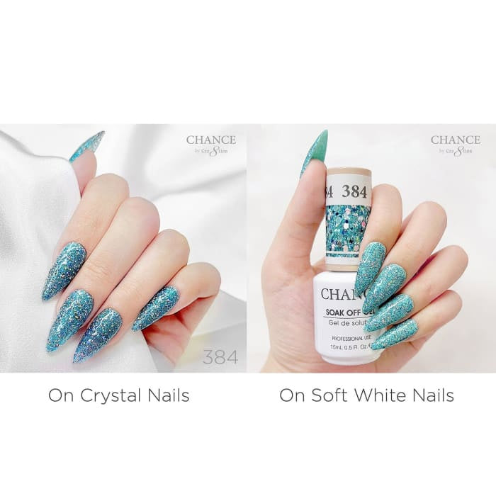 Chance Diamond Dust 384 gel polish swatched over crystal nails and soft white nails