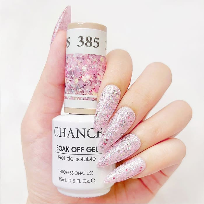 Chance Diamond Dust 385 soak-off gel polish 0.5 oz, bottle held in hand with painted nails