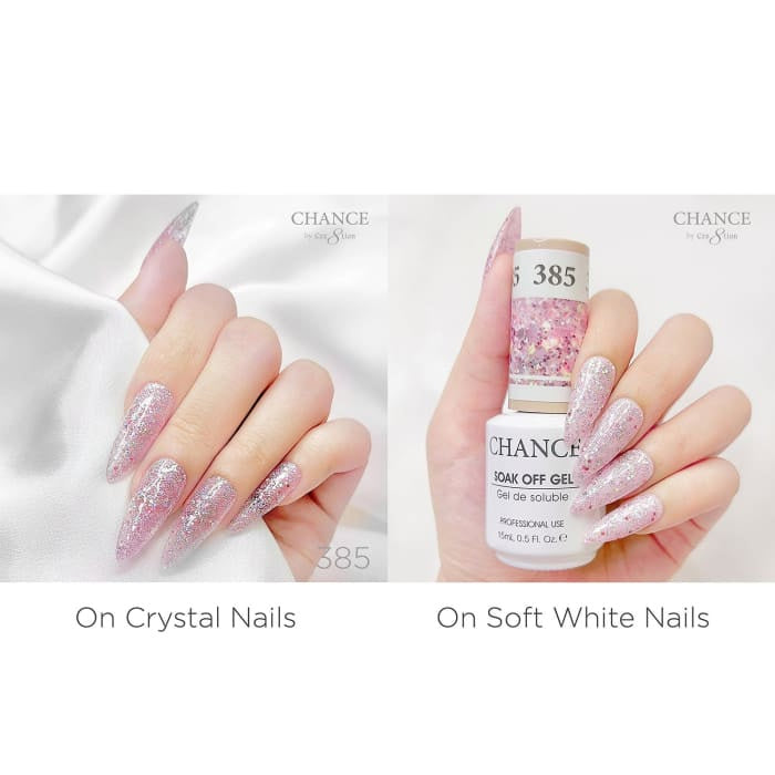 Chance Diamond Dust 385 gel polish swatched over crystal nails and soft white nails