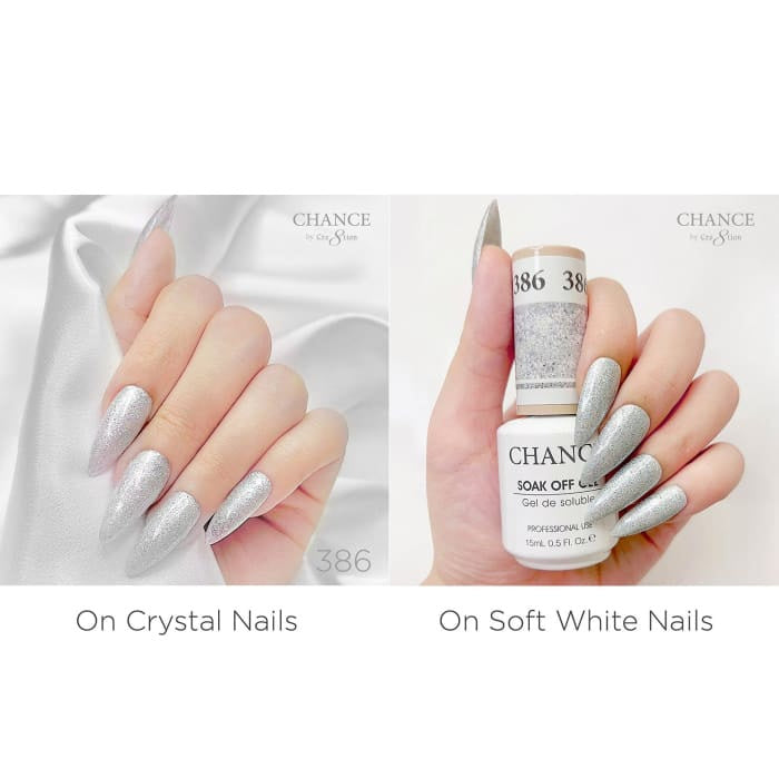 Chance Diamond Dust 386 gel polish swatched over crystal nails and soft white nails