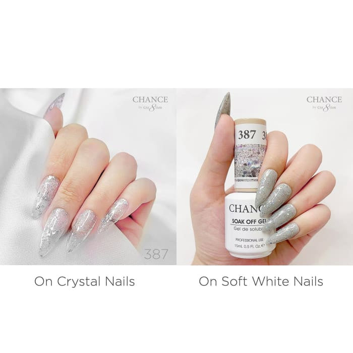 Chance Diamond Dust 387 gel polish swatched over crystal nails and soft white nails