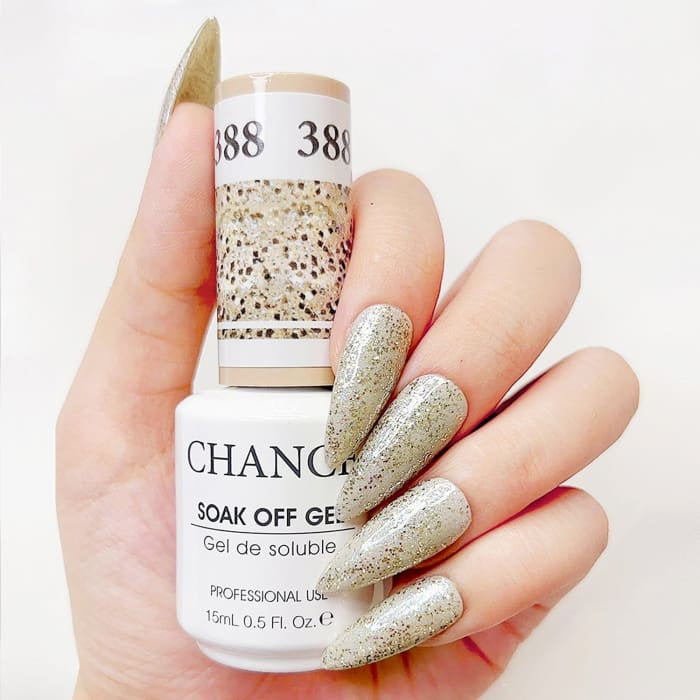 Chance Diamond Dust 388 soak-off gel polish 0.5 oz, bottle held in hand with painted nails