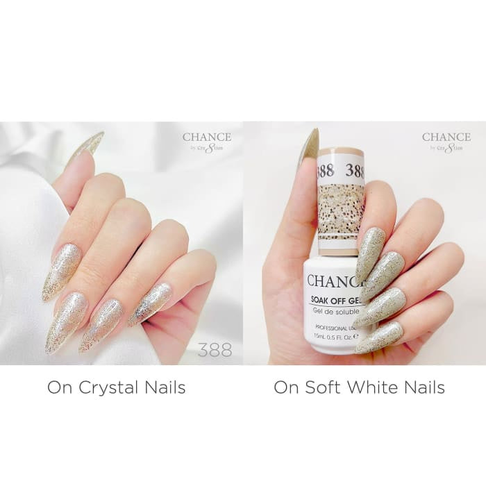 Chance Diamond Dust 388 gel polish swatched over crystal nails and soft white nails