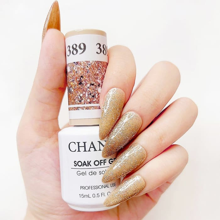 Chance Diamond Dust 389 soak-off gel polish 0.5 oz, bottle held in hand with painted nails