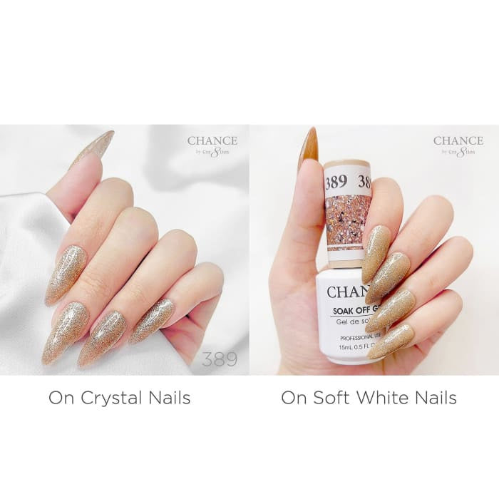 Chance Diamond Dust 389 gel polish swatched over crystal nails and soft white nails