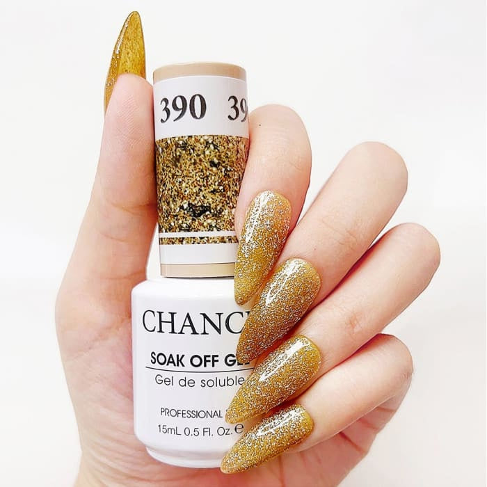 Chance Diamond Dust 390 soak-off gel polish 0.5 oz, bottle held in hand with painted nails