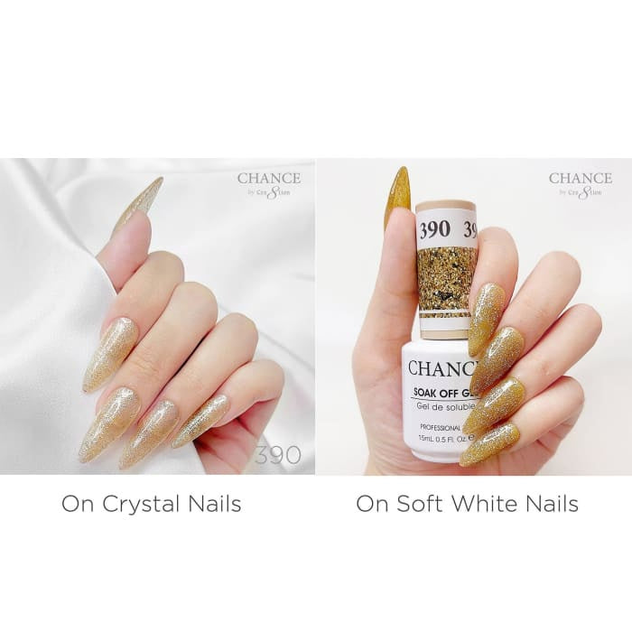 Chance Diamond Dust 390 gel polish swatched over crystal nails and soft white nails