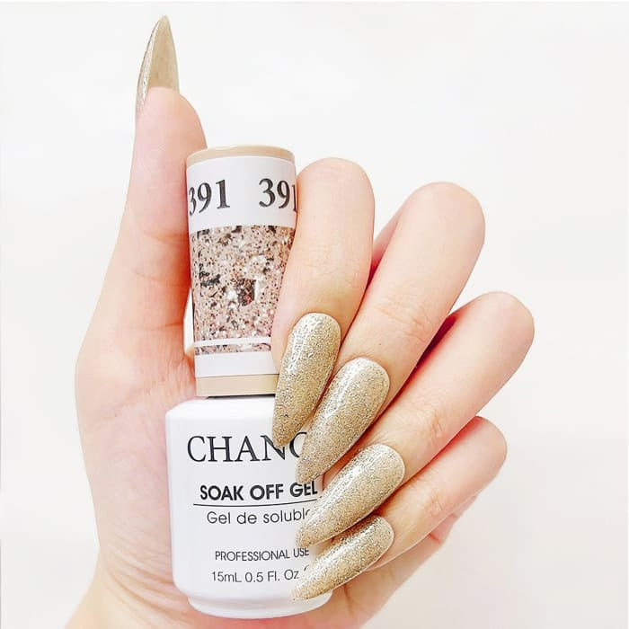 Chance Diamond Dust 391 soak-off gel polish 0.5 oz, bottle held in hand with painted nails