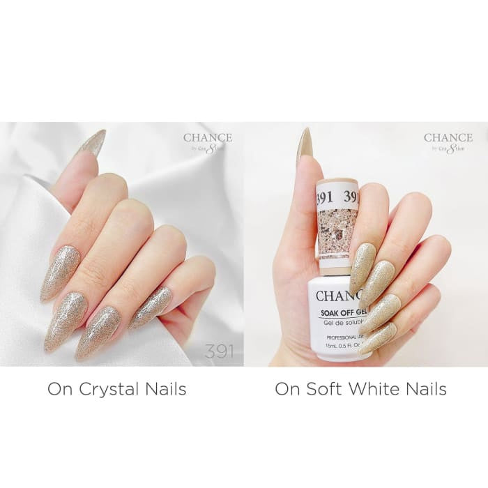 Chance Diamond Dust 391 gel polish swatched over crystal nails and soft white nails
