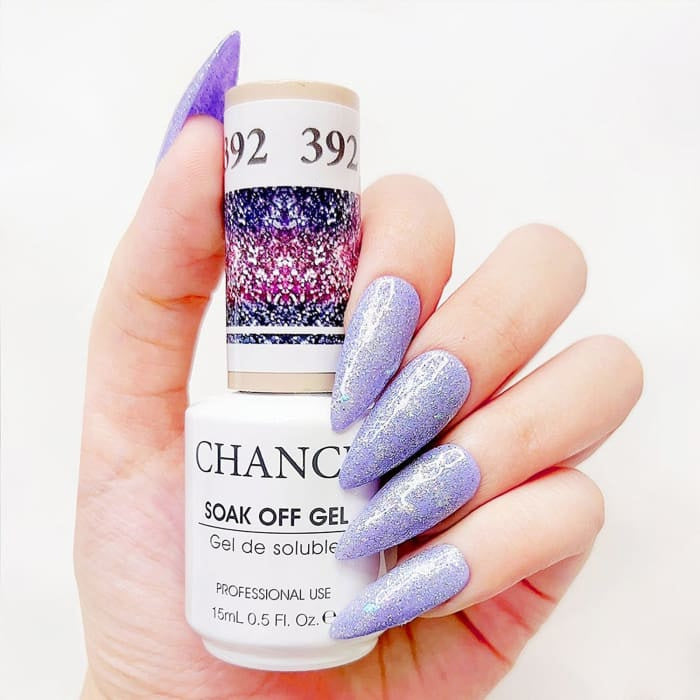 Chance Diamond Dust 392 soak-off gel polish 0.5 oz, bottle held in hand with painted nails