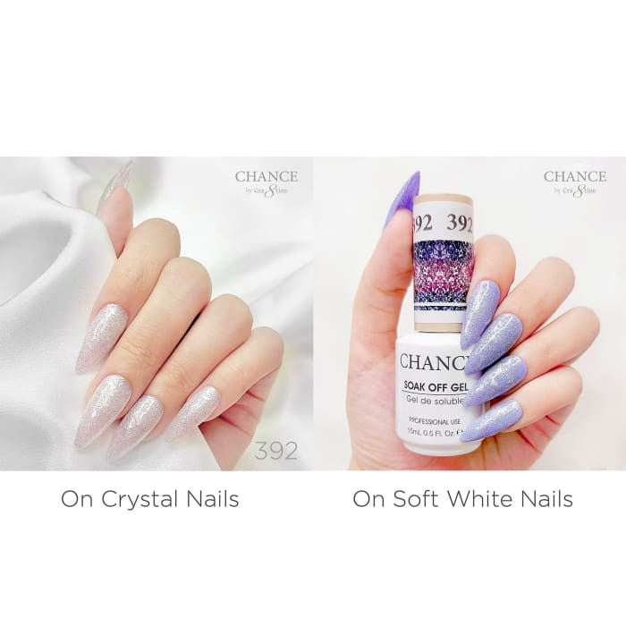 Chance Diamond Dust 392 gel polish swatched over crystal nails and soft white nails