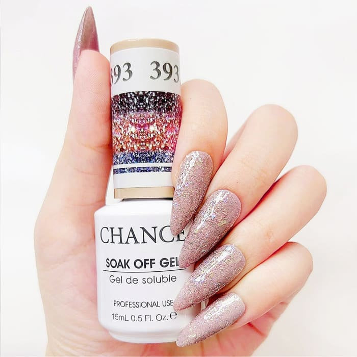 Chance Diamond Dust 393 soak-off gel polish 0.5 oz, bottle held in hand with painted nails