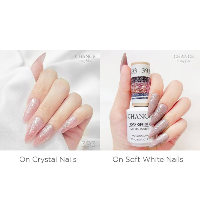 Chance Diamond Dust 393 gel polish swatched over crystal nails and soft white nails