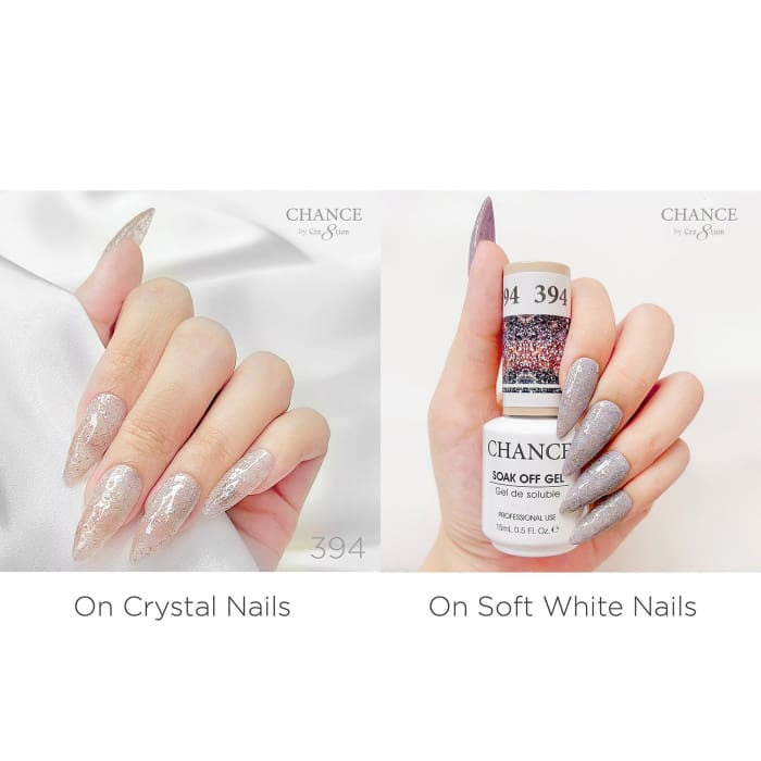 Chance Diamond Dust 394 gel polish swatched over crystal nails and soft white nails
