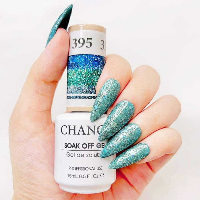 Chance Diamond Dust 395 soak-off gel polish 0.5 oz, bottle held in hand with painted nails