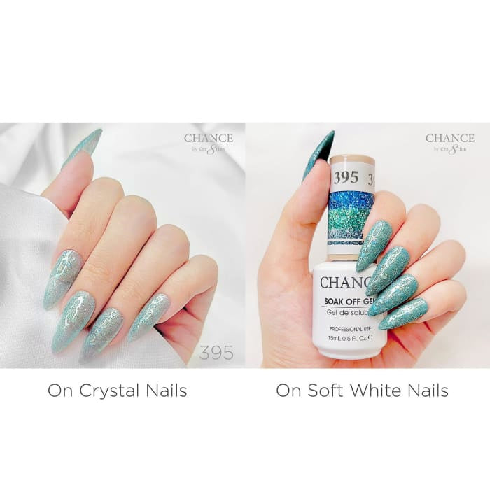 Chance Diamond Dust 395 gel polish swatched over crystal nails and soft white nails