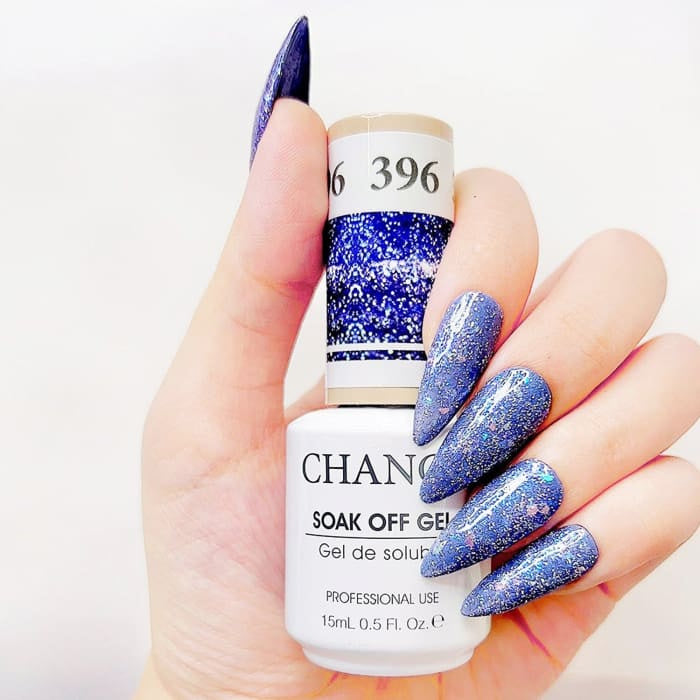 Chance Diamond Dust 396 soak-off gel polish 0.5 oz, bottle held in hand with painted nails