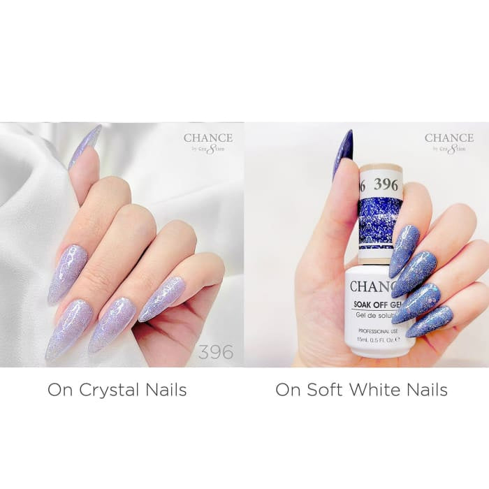 Chance Diamond Dust 396 gel polish swatched over crystal nails and soft white nails