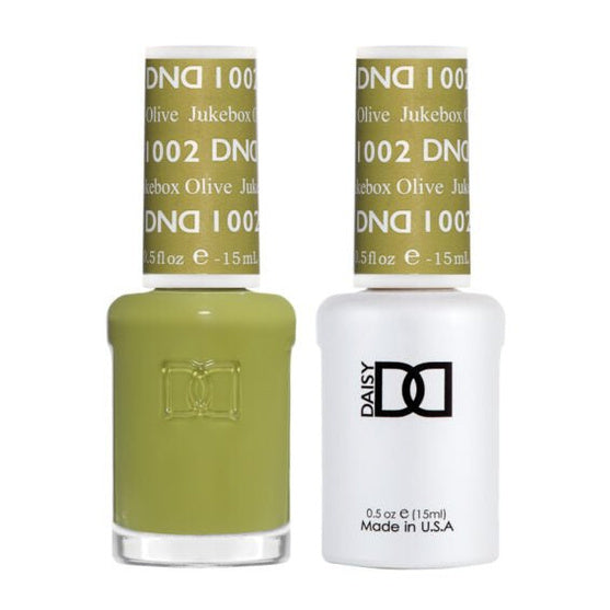 DND Duo 1002 Jukebox Olive, gel polish and matching nail lacquer bottles