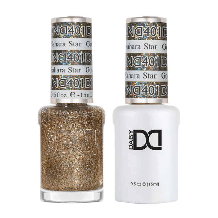 DND Duo 401 Golden Sahara Star, gel polish and matching nail lacquer bottles