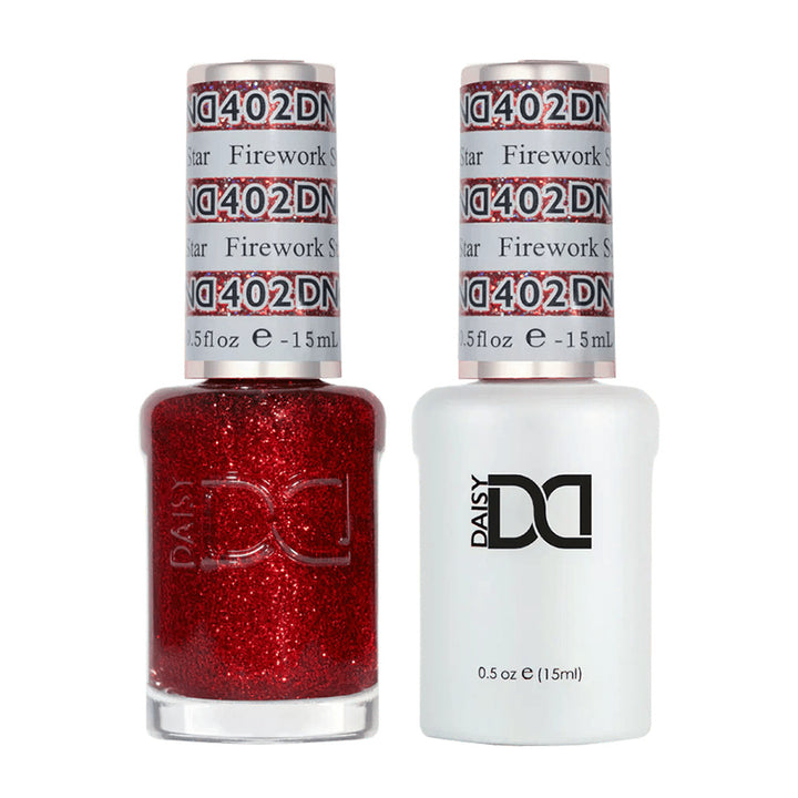 DND Duo 402 Firework Star, gel polish and matching nail lacquer bottles