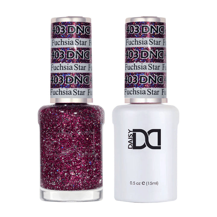 DND Duo 403 Fuchsia Star, gel polish and matching nail lacquer bottles