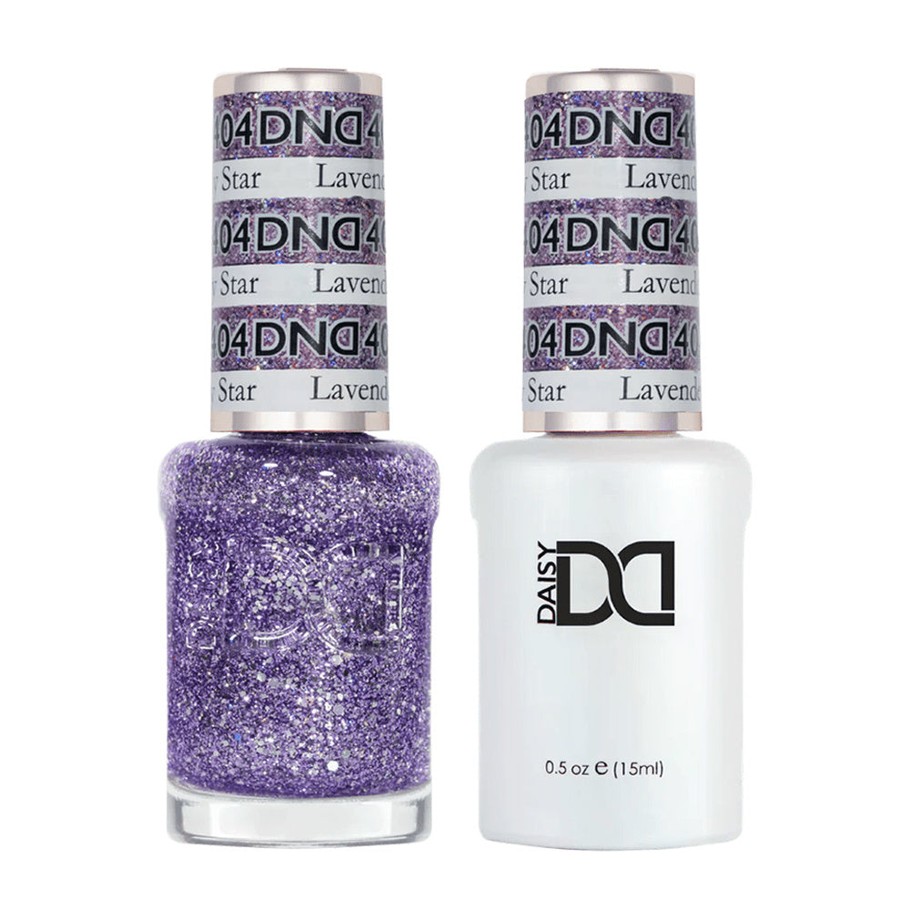 DND Duo 404 Lavender Daisy Star, gel polish and matching nail lacquer bottles