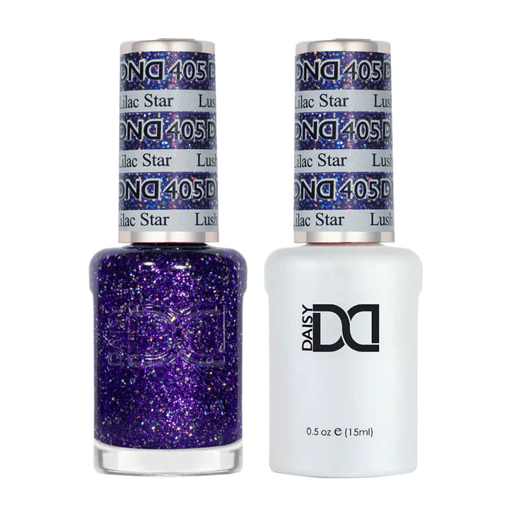 DND Duo 405 Lush Lilac Star, gel polish and matching nail lacquer bottles
